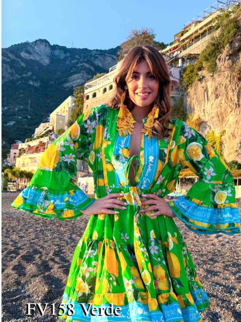 Antica Sartoria Green Floral Lemon Print Tiered Mini Dress with Turquoise Trim